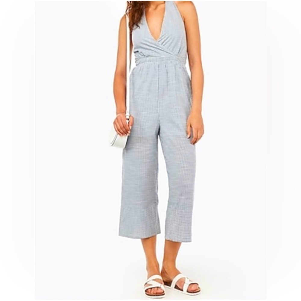 Express Blue & White Striped Backless Halter Jumpsuit with Pockets, Small Petite